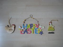 Happy Easter Schild & zwei Holz Hasen Anhänger Aufhänger