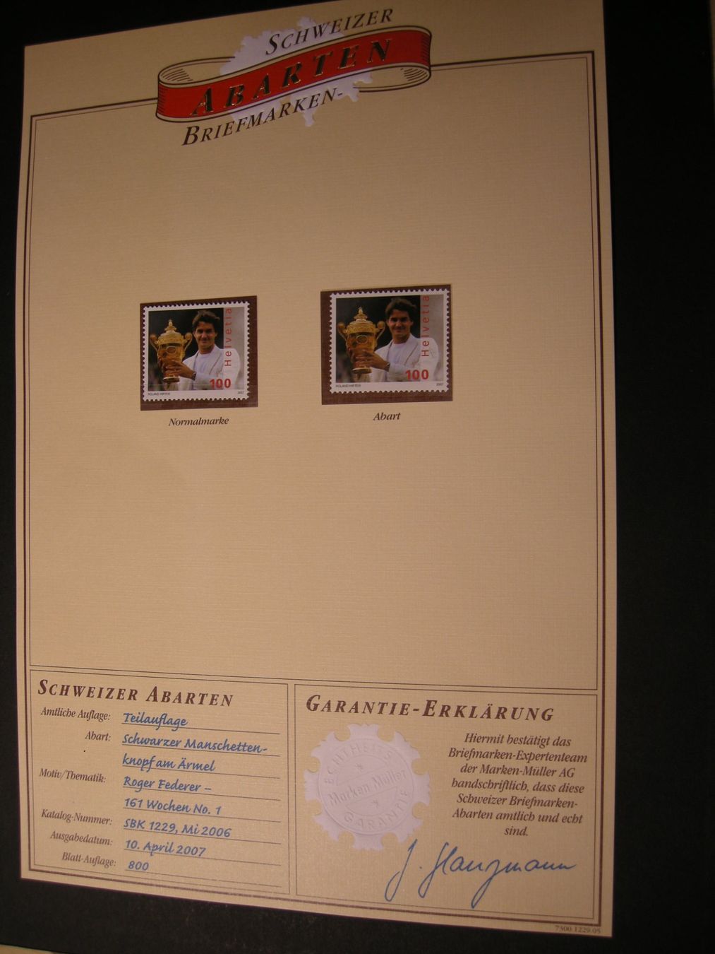 Tous les timbres: 2007 ROGER FEDERER, ABART SCHWARZER MANSCHETTENKNOPF – D'occasion à Eschenbach SG par eDaisy