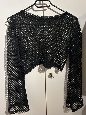 Schwarzes Netzoberteil Crop Top mit langen Ärmel