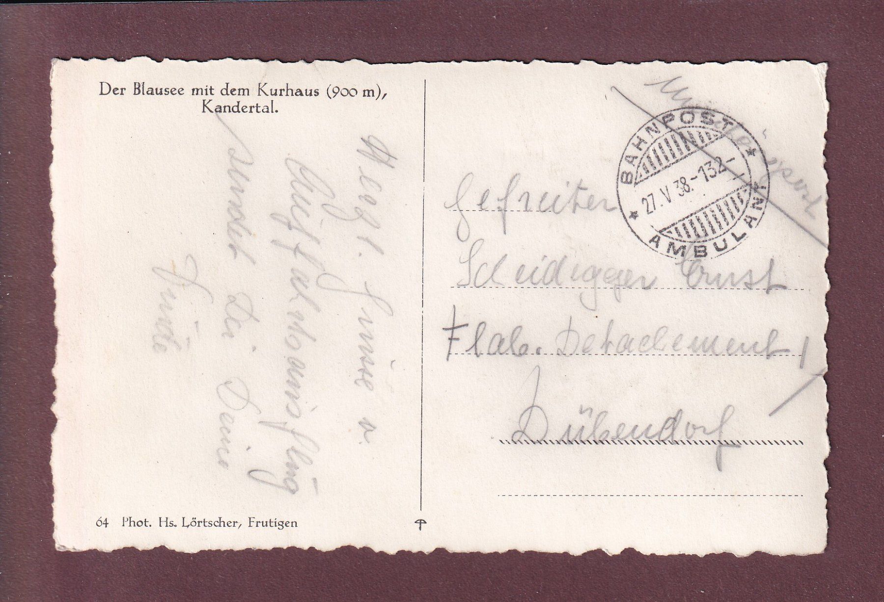 Cartoline postali: Kandertal - BLAUSEE - Kurhaus - 1938 Bahnpost – Usato da Pully venduto da nicecards 1