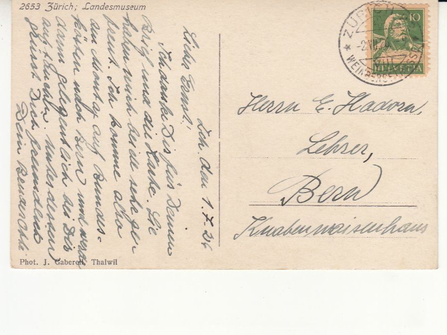 Cartoline postali: Zürich Landesmuseum 1926 – Usato da Bürglen TG venduto da StampGraf 1