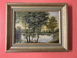 Gemälde Landschaft See mit Bäumen signiert J. Zuber.
