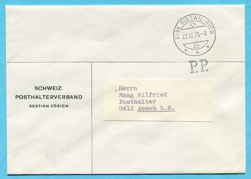 Alle Briefmarken: Brief Gibswil-Ried 1975 mit P.P.-Stempel – Gebraucht aus Opfikon von Prophila