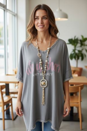 Damen Life is Short Fransen Shirt grau l xl 2Xl 