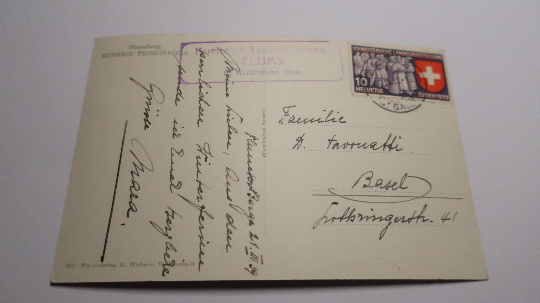Ansichtskarten: Flumsberg  Kurhaus Tschudiwiese   1939 – Gebraucht aus Cormoret von Pascalll2001 4