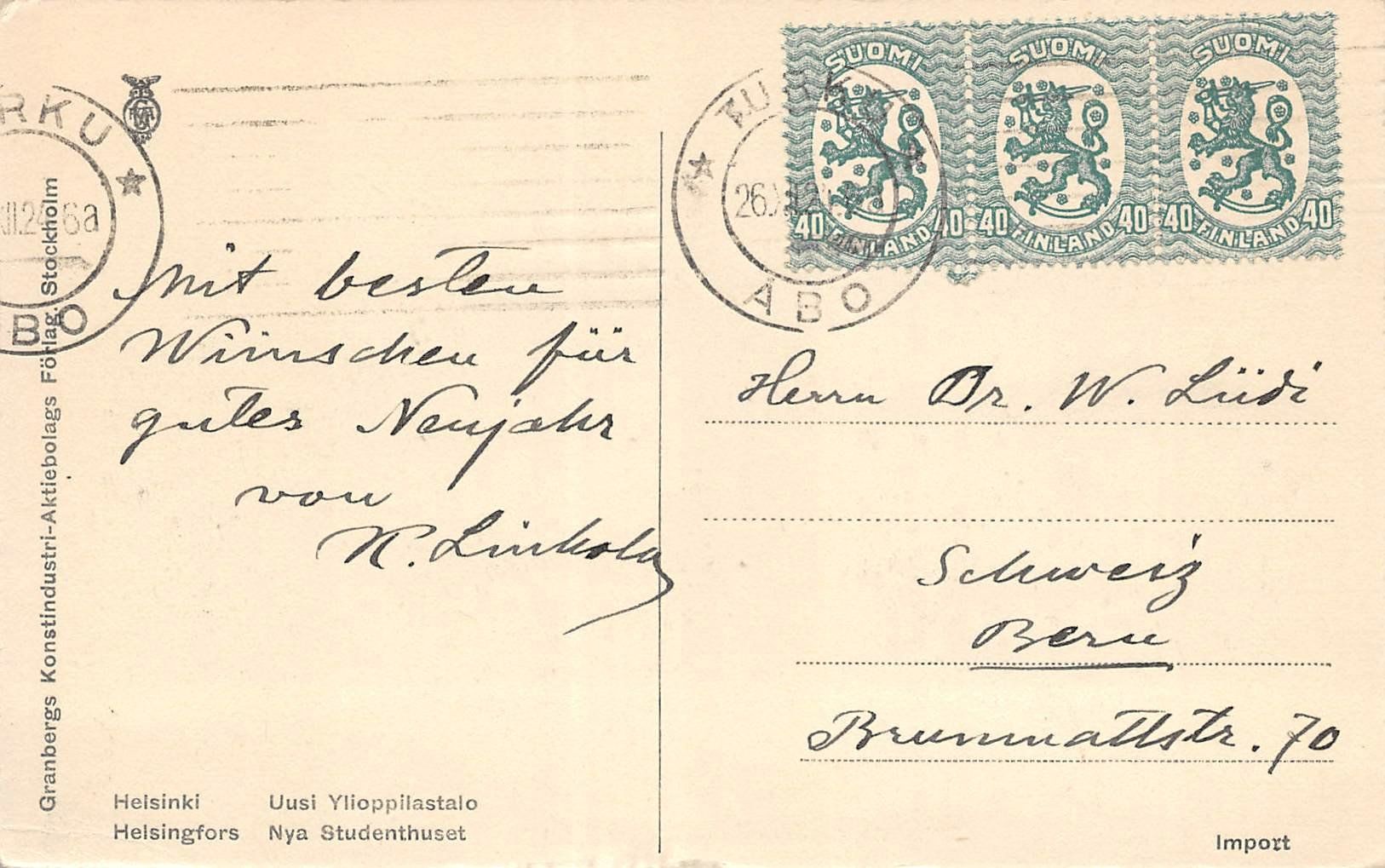 Cartoline postali: Helsinki, Helsingfors, Nya Studenthuset – Usato da Ottikon b.Kemptth. venduto da Neptun1974 1