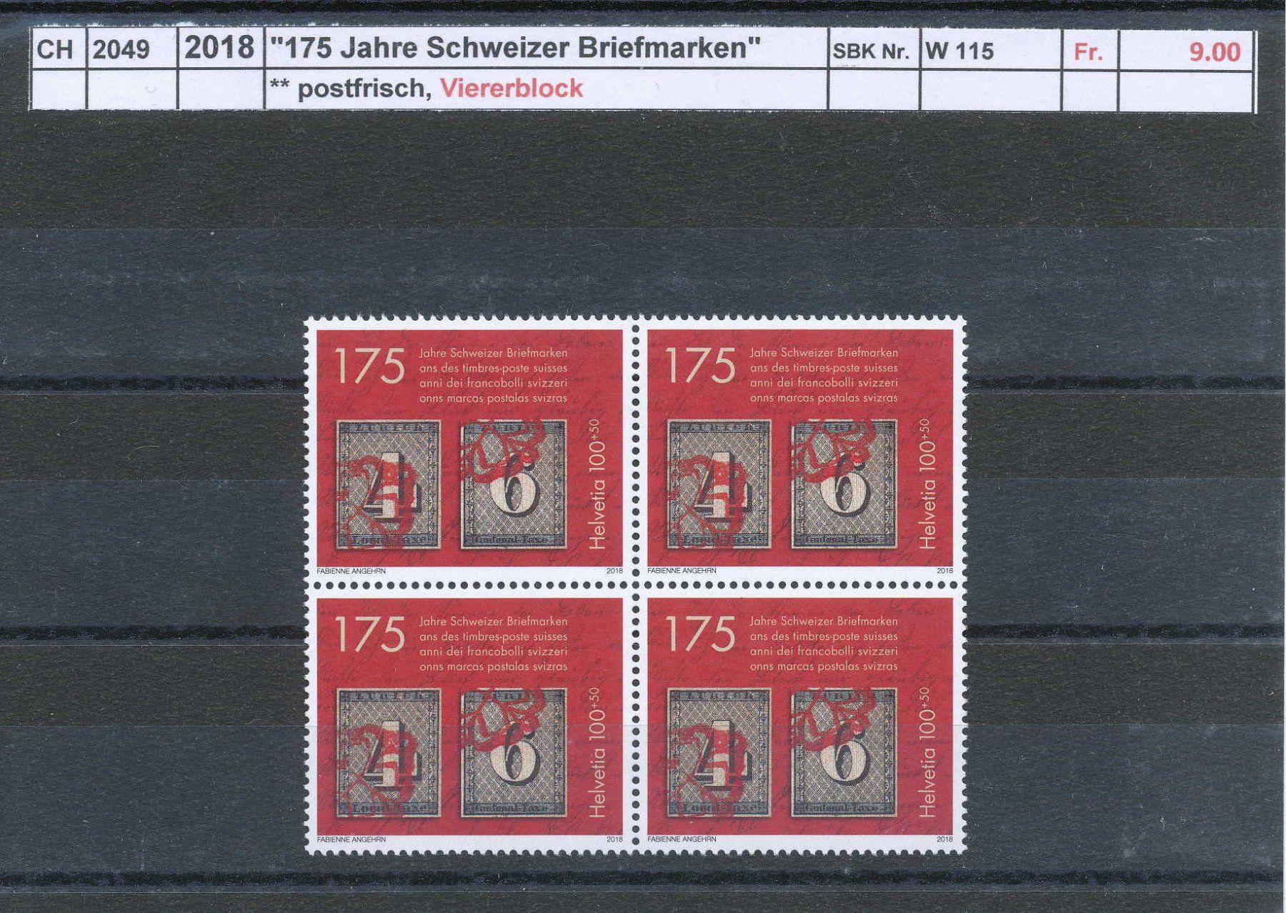 Tutti i francobolli: 2018 "175 Jahre Schweizer Briefmarken" - Viererblock , ** – Nuovo (secondo la descrizione) da Winterthur venduto da Zupogeru