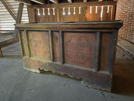 Truhe, Holz, antik, mit Beschriftung, Zustand siehe Bilder