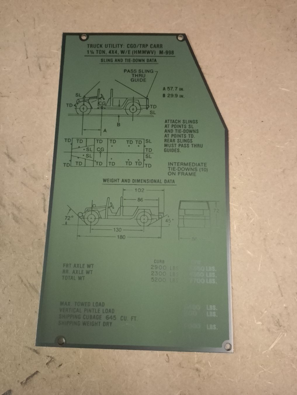 Hummer Tutti pezzi di ricambio auto: Data Plates HMMWV / HUMVEE M998 Sling and Tie Down Data – Nuovo (secondo la descrizione) da Safenwil venduto da dodgewc12