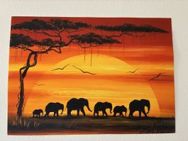 Tableau peint a la main : famille éléphant au soleil!