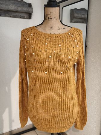 Damen Pullover gelb mit Perlen Grobstrick guter Zustand