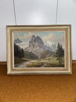 Ölgemälde Berglandschaft mit Hütte und Bach gerahmt