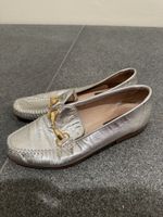 Vintage silver Bally loafers with gold hardware