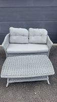 Gartensofa mit Tisch Rattangeflecht Hellgrau mit Kissen