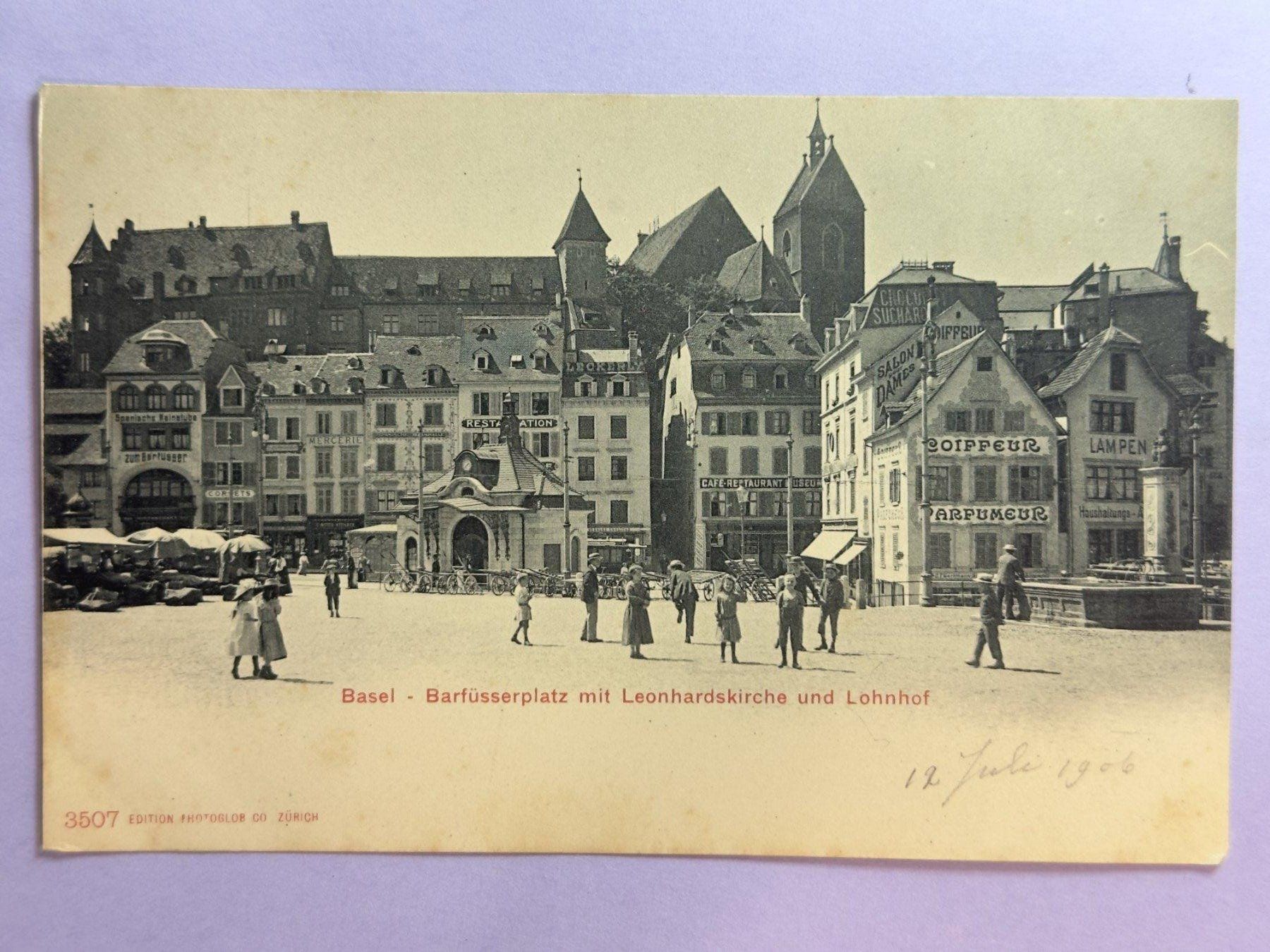 Ansichtskarten: Basel - Barfüsserplatz mit Leonhardskirche – Gebraucht aus Steg VS von danwer74