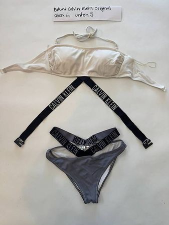 Calvin Klein, Bikini-Set in Creme & Grau  Oberteil L Hose S