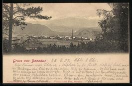 AK Bonaduz, Ortspartie mit Bergen, 1901