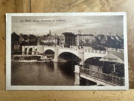 1919, AK: Basel, mittlere Rheinbrücke mit Schifflände