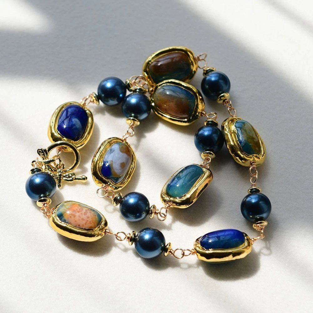 Catenine: Blau Achat Perlmutt Kette Echt Collier Agate Perle nacre – Nuovo (secondo la descrizione) da Prilly venduto da ilyria73 6