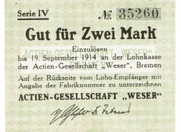 Bremen AG Weser 2 Mark Serie IV 19.09.1914 VZ+-VZ++