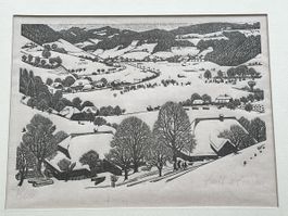 Emil Zbinden Bowil BE Holzschnitt Winterlandschaft signiert