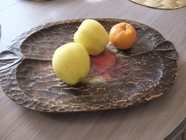 Platte Tablett geschnitzt aus Holz in Vintage-Look Decoupage
