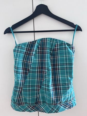 Top carreaux bleu & vert sans bretelles