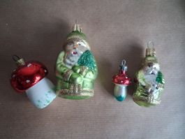 4 Vintage Glas Christbaumschmuck: Weihnachtsmänner + 2Pilze.