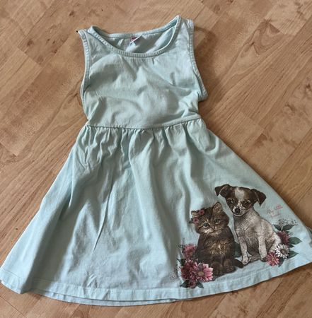 Girls' Light Blue Summer Dress, Cat & Dog Print, 116 gr