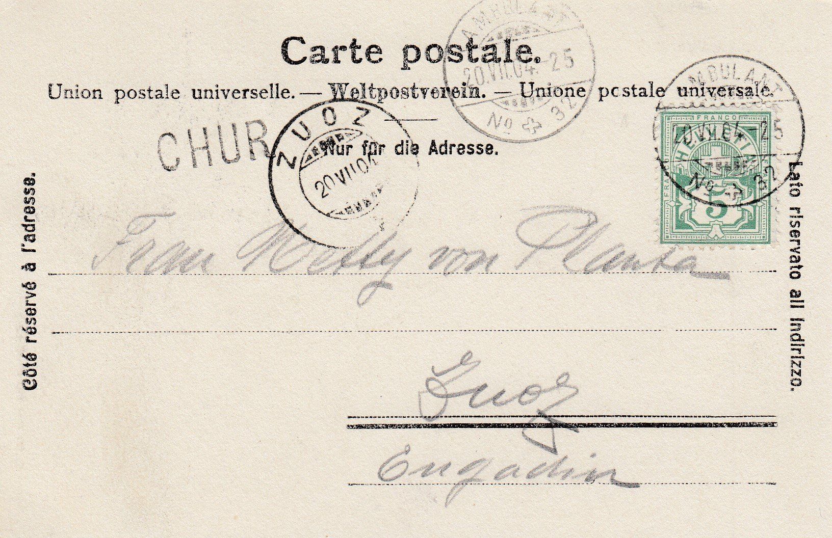 Cartoline postali: 1904 Postkarte Konvent Stabstempel Chur - Zuoz mit Bahn – Usato da Rheinfelden venduto da ricci62