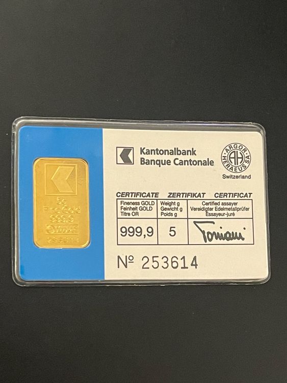 Metalli preziosi: Goldbarren 5g Kantonal Bank – Nuovo e nell'imballaggio originale da Untersiggenthal venduto da byiggy