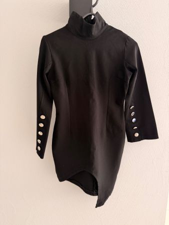 Black Dress Size S Button Detail Mock Neck Asymmetrical Hem
