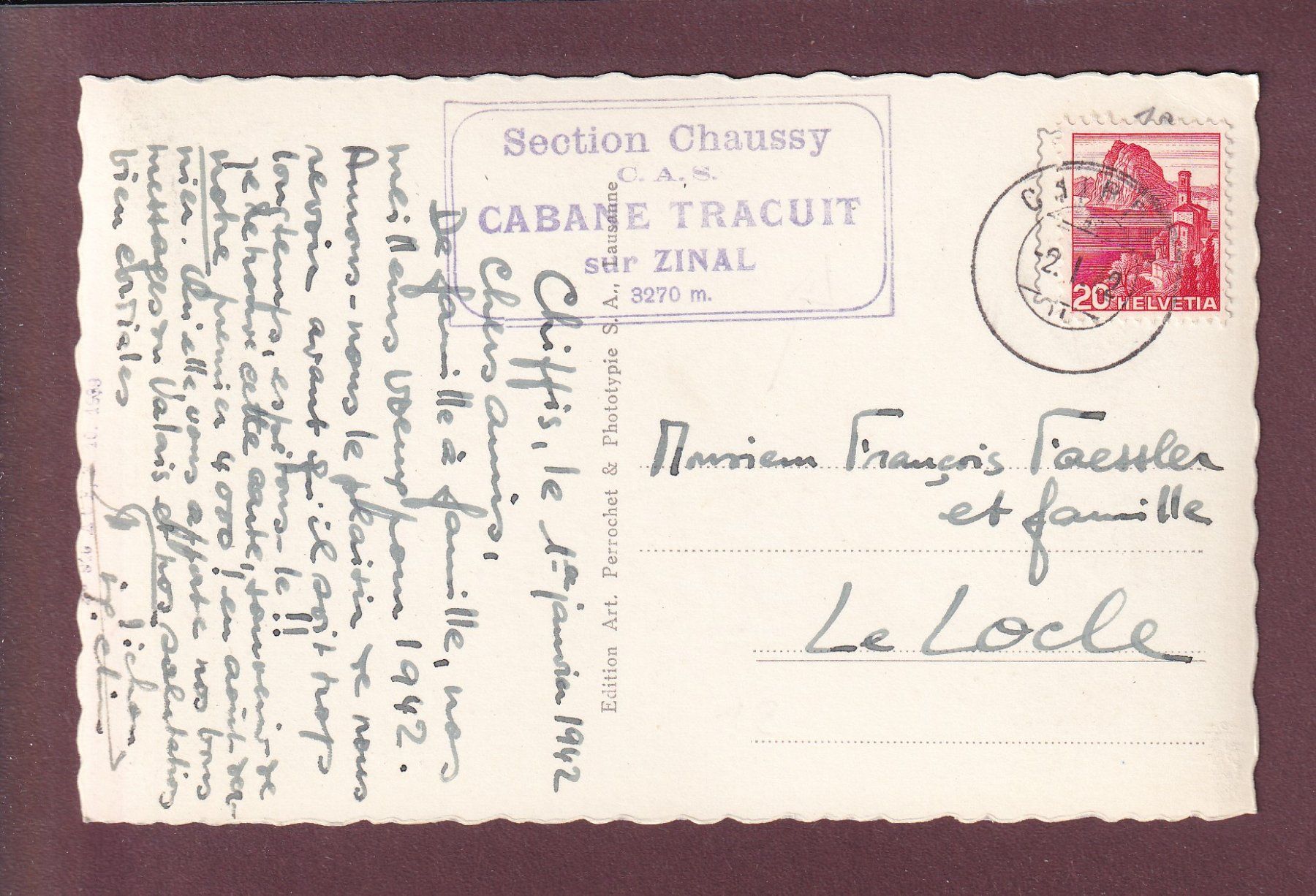 Cartoline postali: Cabane TRACUIT sur Zinal - 1942 – Usato da Pully venduto da nicecards 1
