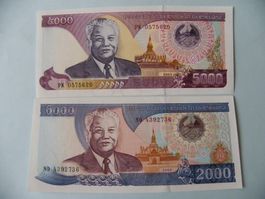 Laos Banknoten, 5000 & 2000 Kip, Unzirkuliert, 2003