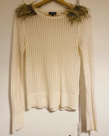 Topshop Cream Knit Sweater with Faux Fur Detail, Size 6 (US)