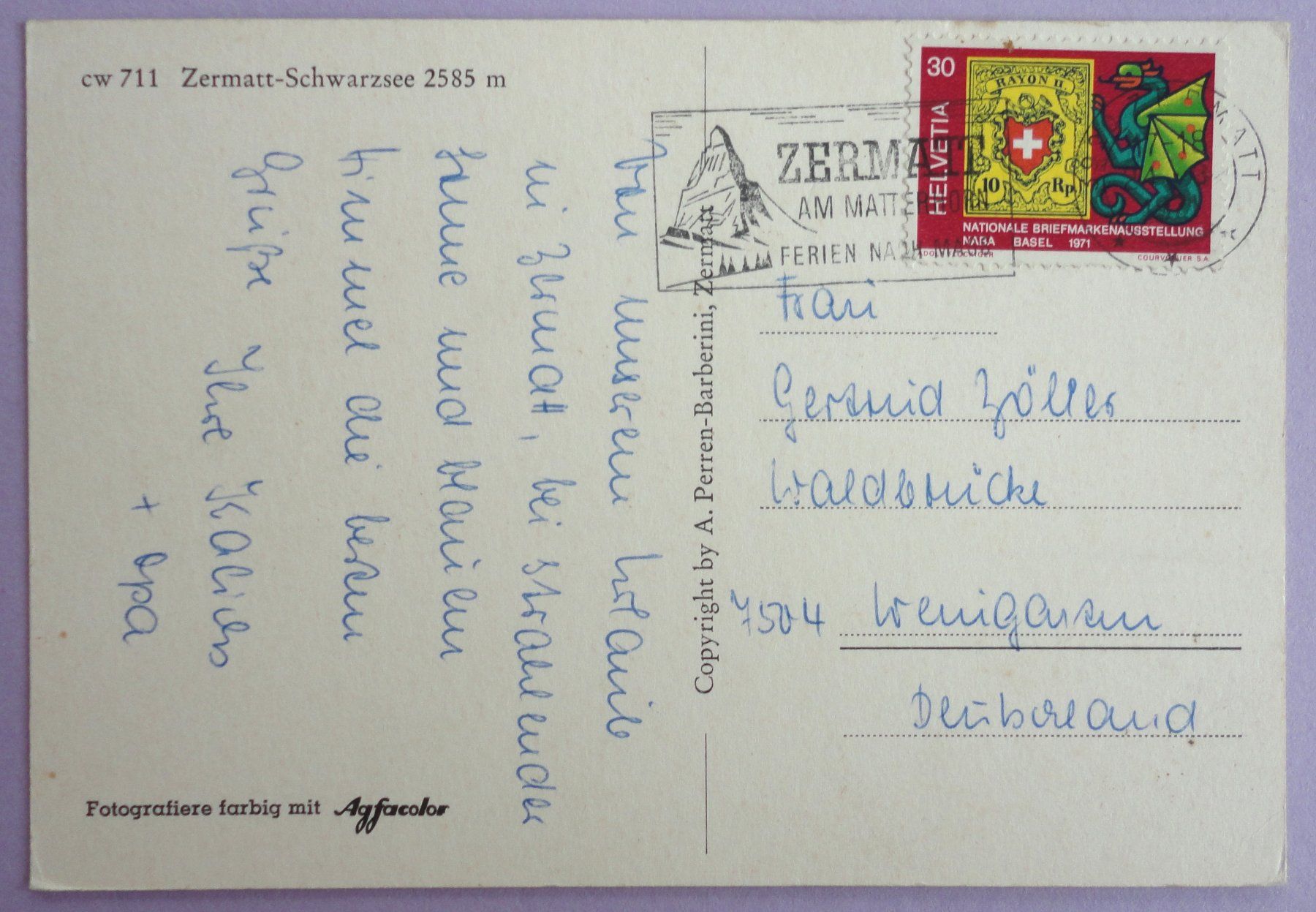 Cartoline postali: Zermatt-Schwarzsee 2585 m – Usato da Fétigny venduto da Billy2miny 1