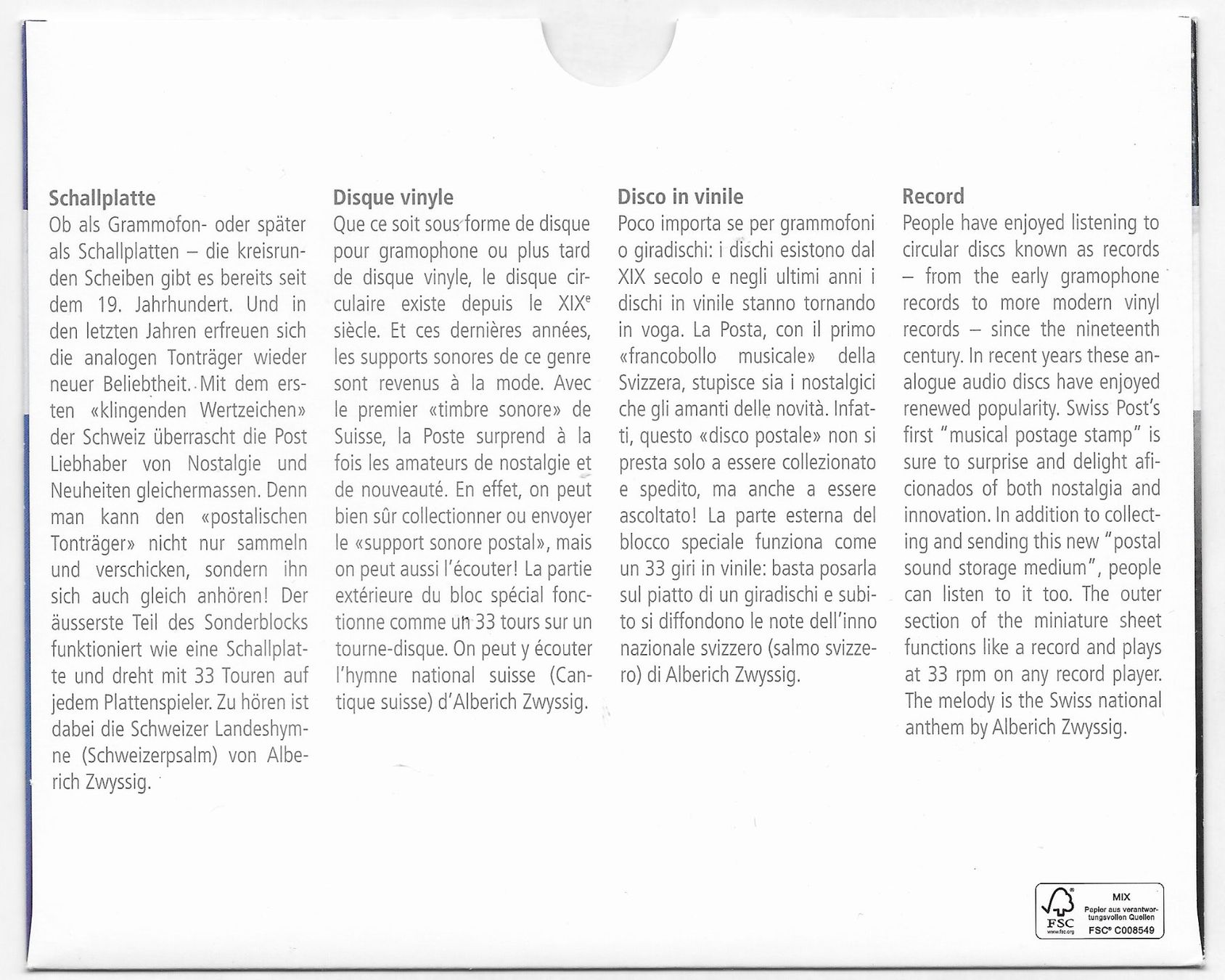 Tous les timbres: 2014: Schalplatte Abonnements-Geschenkfolder – D'occasion à Walperswil par Tcheidi 2