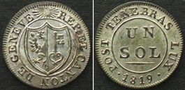 GENEVE / GENF Sol 1819 Billon FDC, PRACHTSTÜCK! stgl
