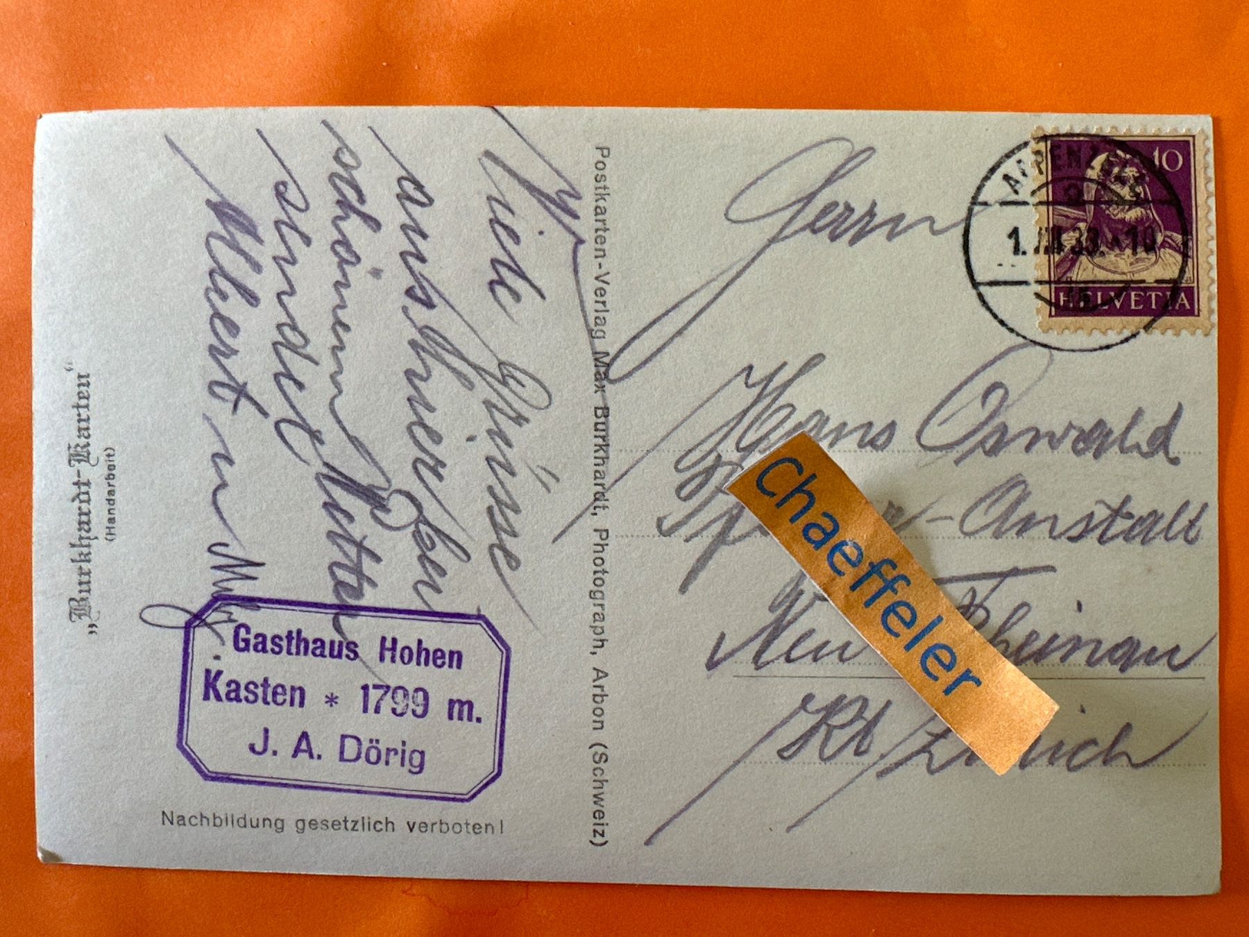 Cartoline postali: 1933 No. 5578. Hohenkasten – Usato da Zürich venduto da Chaeffeler 1