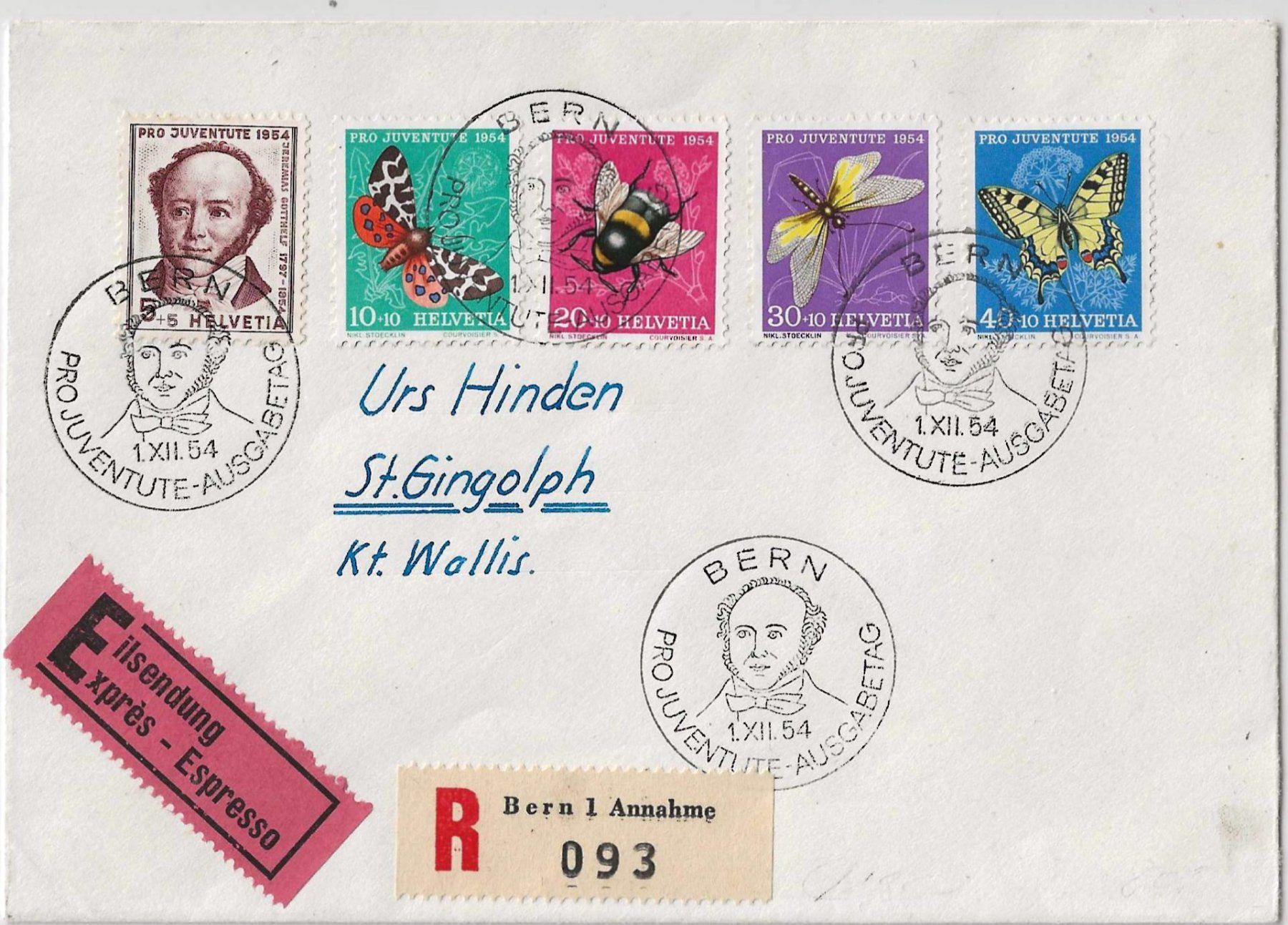 Tutti i francobolli: FDC Pro Juventute 1954 Express Eingeschrieben) – Usato da Zürich venduto da Philacat11