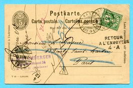 Postkarte von Basel nach Paris mit Zusatzfa 1903 - retour