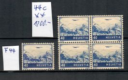 1948:  Flugpost 4er Block Nr. F 44c reinblau rosa postfrisch