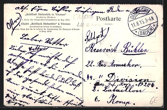 Ansichtskarten: Vitznau, Schlössli Hohenfels, 1915 – Gebraucht aus Berlin von bartko-reher 1