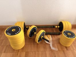 Hantelset mit Stange und Gewichten gelb gebraucht
