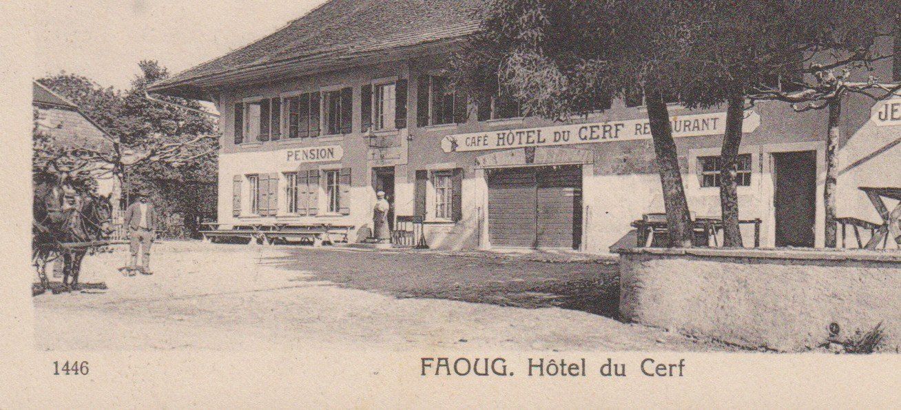 Cartoline postali: Faoug   VD   :   alte Ansichtskarte vom Hotel du Cerf 1925 – Usato da Vitznau venduto da Ropaku 1