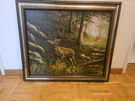 Ölgemälde Hirsch Wald Landschaft gerahmt