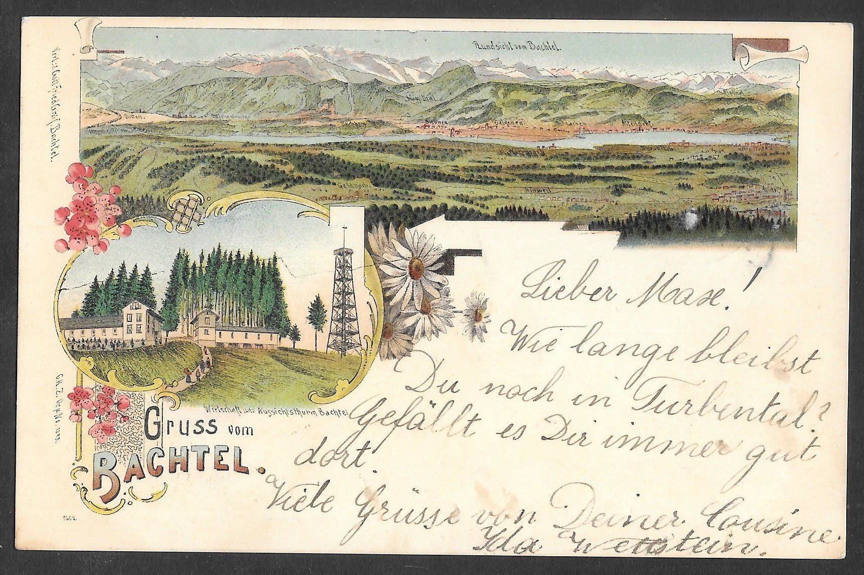 Cartoline postali: Hinwil Gruss vom Bachtel farbige Lithografie – Usato da Olten venduto da clotaldi