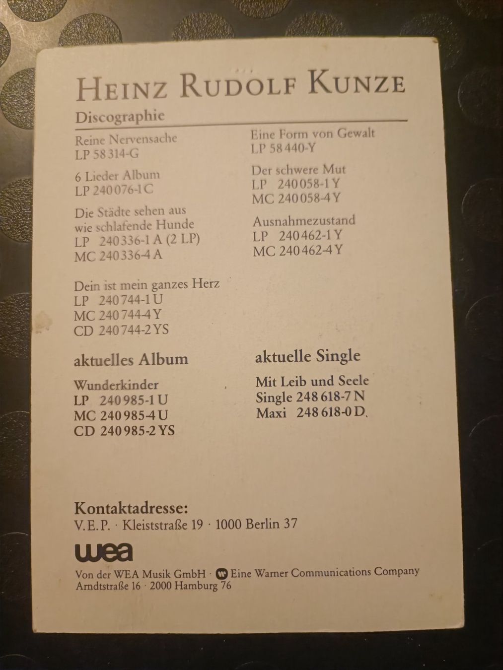Autografi: Heinz Rudolf Kunze - handsigniert Autogrammkarte – Usato da Menziken venduto da Artographs 1