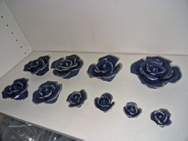 Blaue Rosen Deko 10 Stk / Glas mit Silberstaub /  WinterDeko