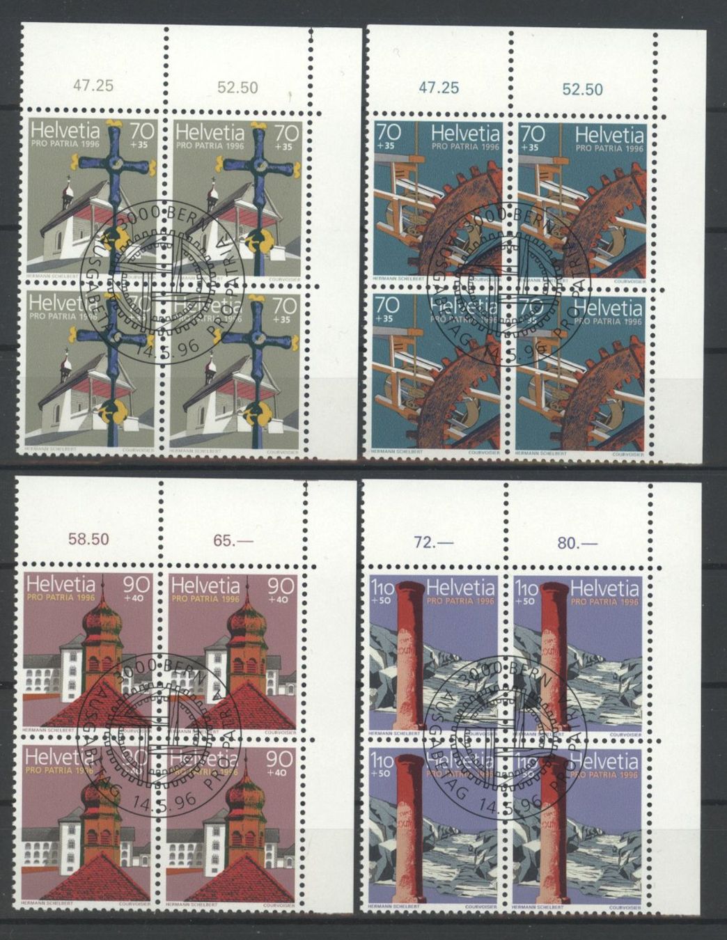 Alle Briefmarken: 1996, Pro Patria, Viererblöcke, ET – Gebraucht aus Willisau von Vollstempel